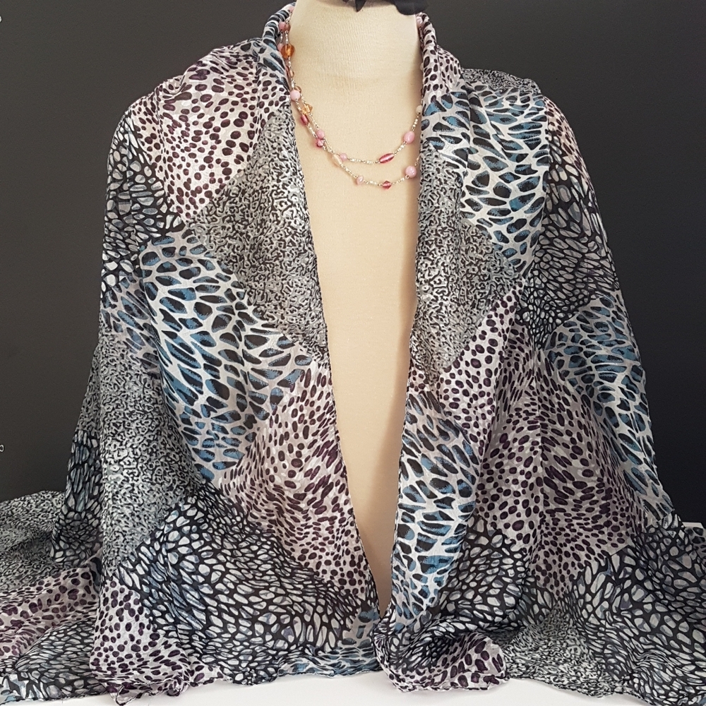 Silk Animal Print Scarf - Semi-Sheer Blue Purple Silk Shawl Wrap
